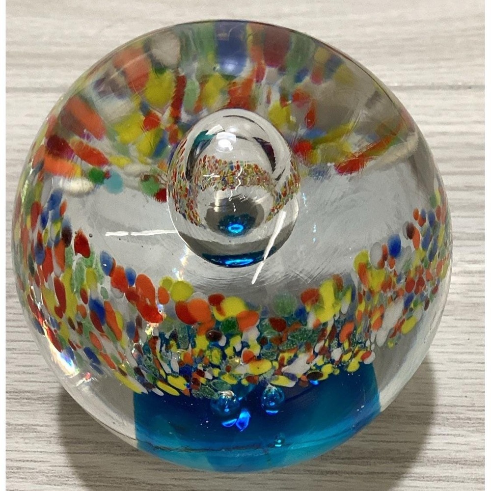 Art Deco‎ Glass Paperweight 3x3.25" Multicolor Speckle Ring Large Center Bubble
